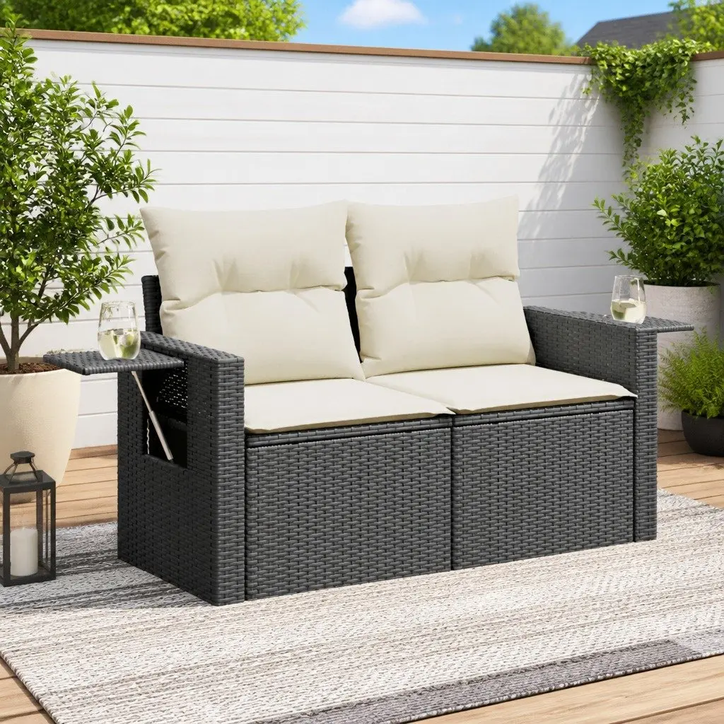 2-Seater Garden Sofa Black PE Rattan Outdoor Lounge Chair with Cushions