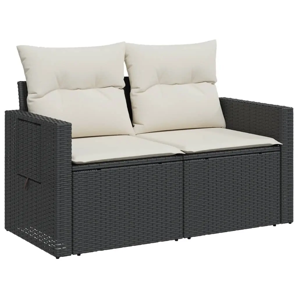 2-Seater Garden Sofa Black PE Rattan Outdoor Lounge Chair with Cushions