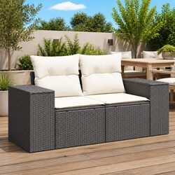 2-Seater Outdoor Garden Sofa Black Poly Rattan with Cushions Patio Furniture