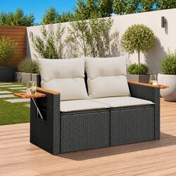 2-Seater Outdoor Garden Sofa with Cushions Foldable Side Table Black Poly Rattan