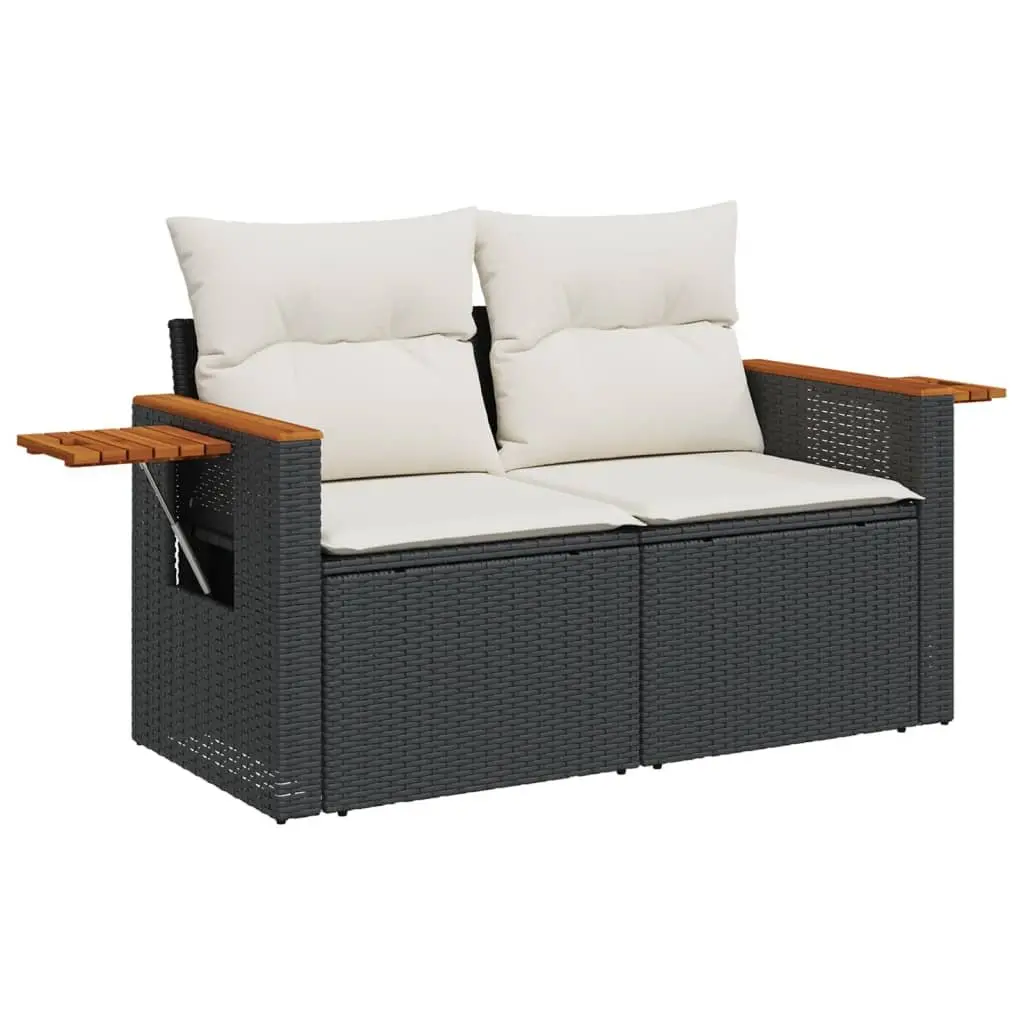 2-Seater Outdoor Garden Sofa Black with Cushions Foldable Side Table Poly Rattan
