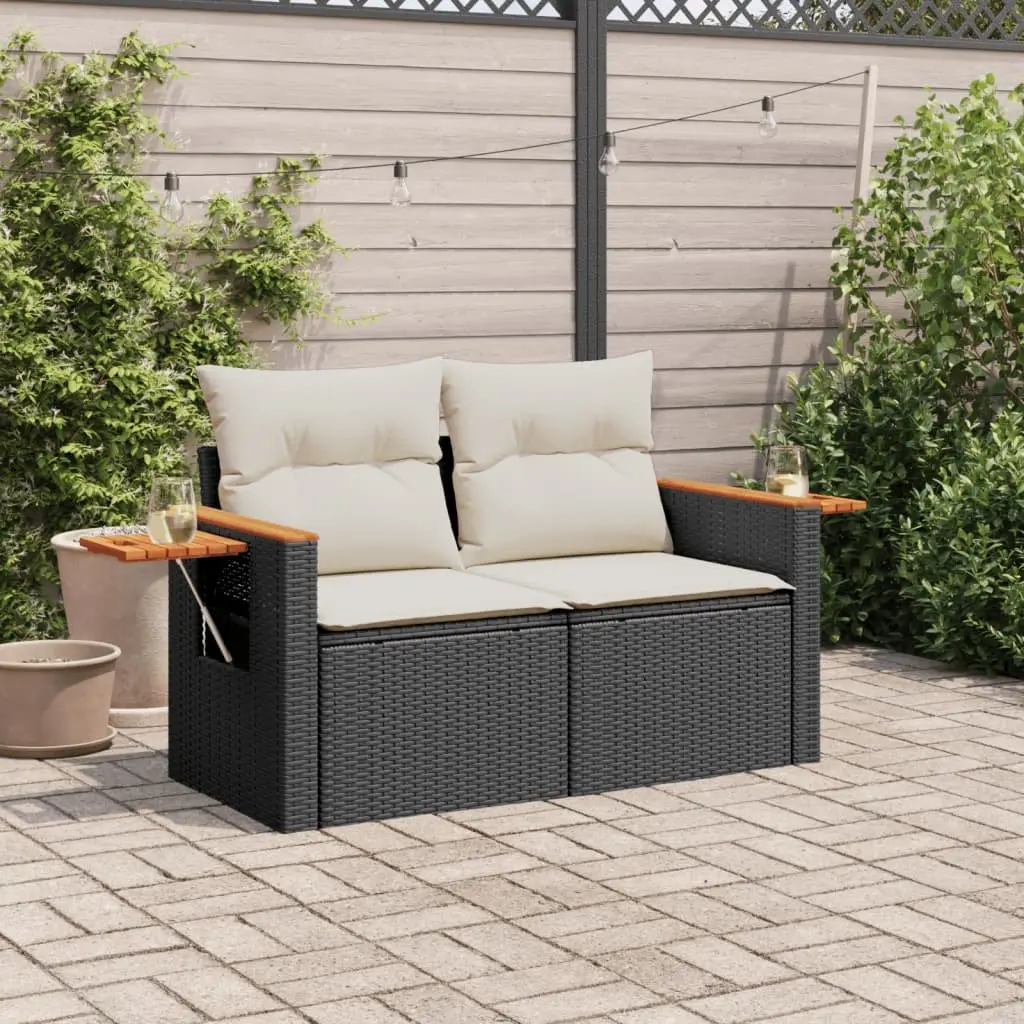 2-Seater Outdoor Garden Sofa Black with Cushions Foldable Side Table Poly Rattan