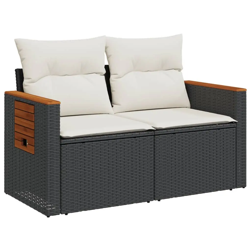 2-Seater Outdoor Garden Sofa Black with Cushions Foldable Side Table Poly Rattan