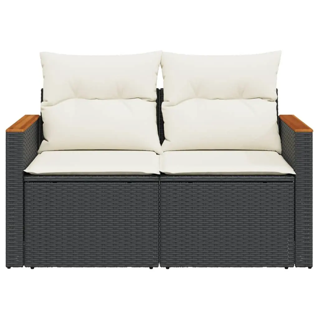 2-Seater Outdoor Garden Sofa Black with Cushions Foldable Side Table Poly Rattan
