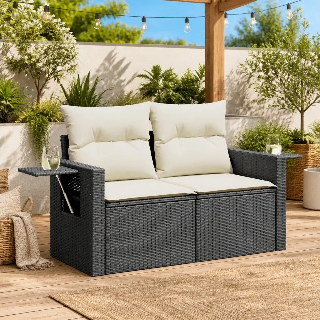 2-Seater Garden Sofa Black PE Rattan with Cushions Foldable Side Table and Under-Seat Storage