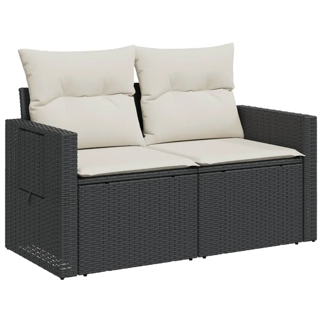 2-Seater Garden Sofa Black PE Rattan with Cushions Foldable Side Table and Under-Seat Storage