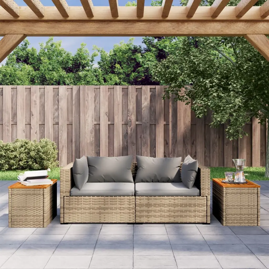 Garden Side Tables 2 pcs Beige Outdoor Patio Furniture PE Rattan Wood Top