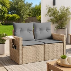 2-Seater Garden Sofa with Cushions Foldable Side Table Outdoor Seating Beige