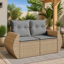 2-Seater Garden Sofa Outdoor Patio Furniture with Cushions Beige Rattan Seating