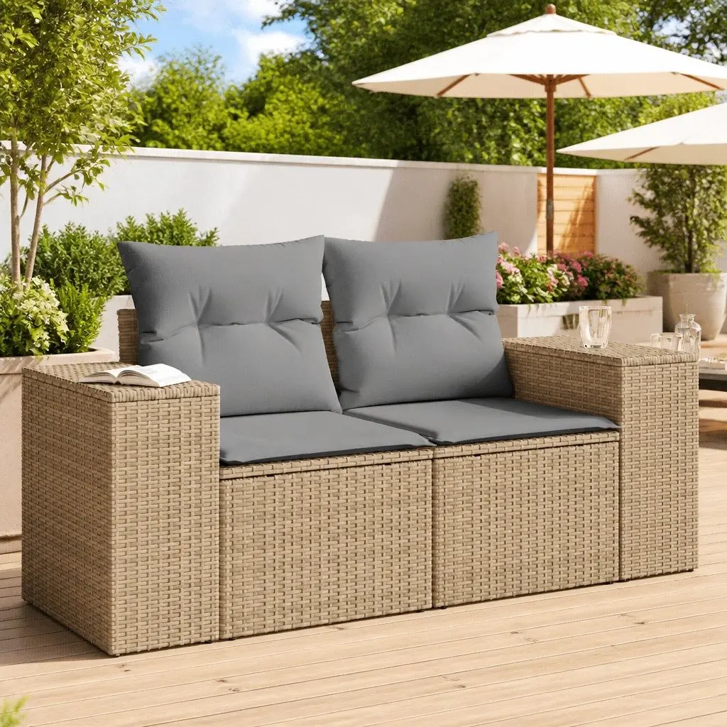 2-Seater Garden Sofa Beige PE Rattan Outdoor Patio Furniture with Cushions