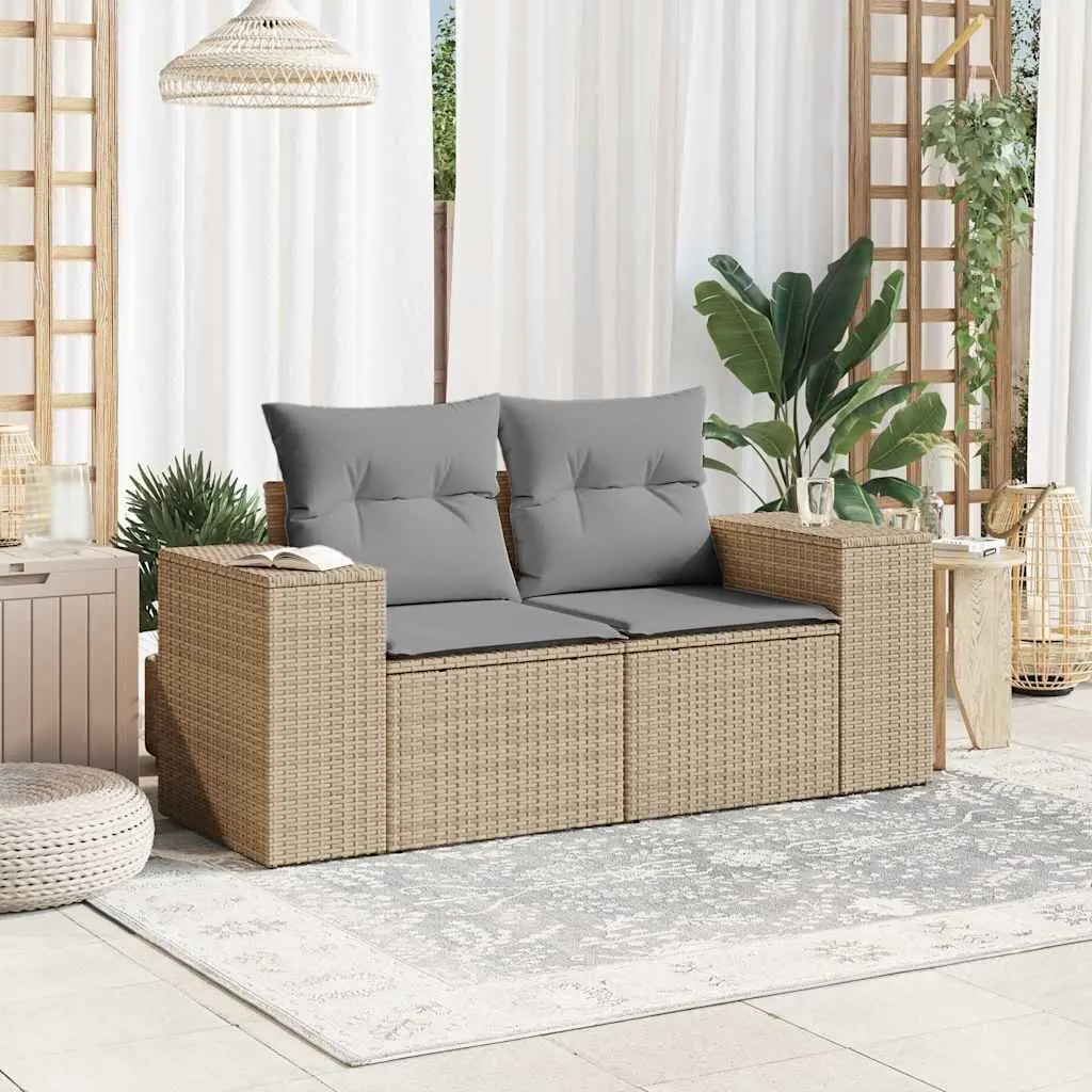 2-Seater Garden Sofa Beige PE Rattan Outdoor Patio Furniture with Cushions