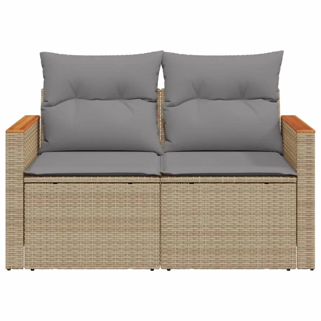 2-Seater Garden Sofa Beige Poly Rattan with Cushions Foldable Side Table