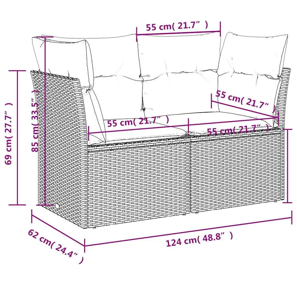 Outdoor Sofa 2-Seater Garden Furniture Set with Cushions Grey Poly Rattan