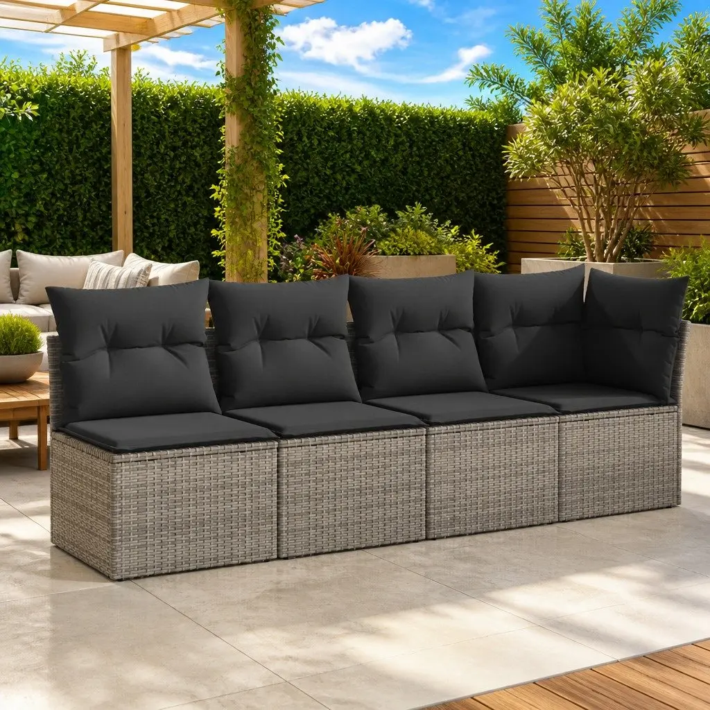 4-Seater Garden Sofa Grey Modular PE Rattan Outdoor Furniture Set with Thick Cushions