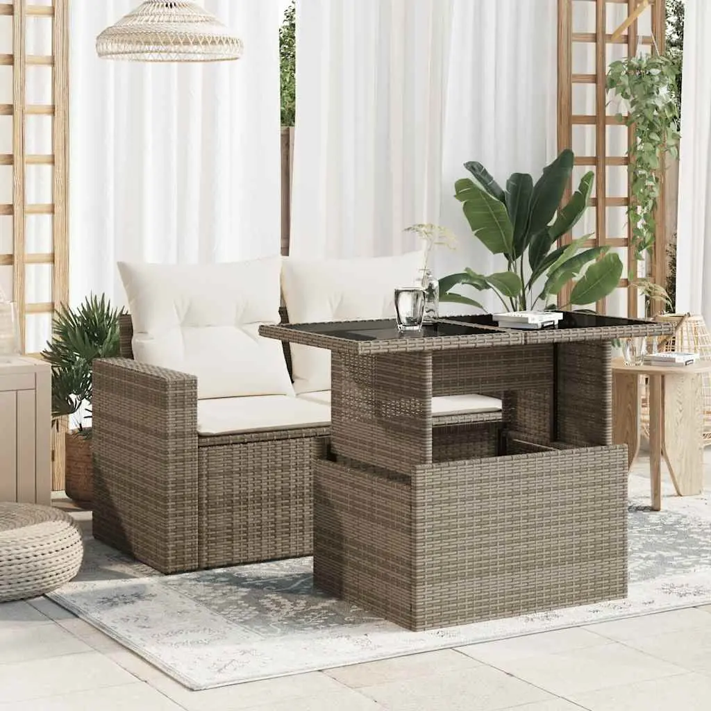 Garden Table Grey Poly Rattan Outdoor Furniture Glass Top Adjustable Height