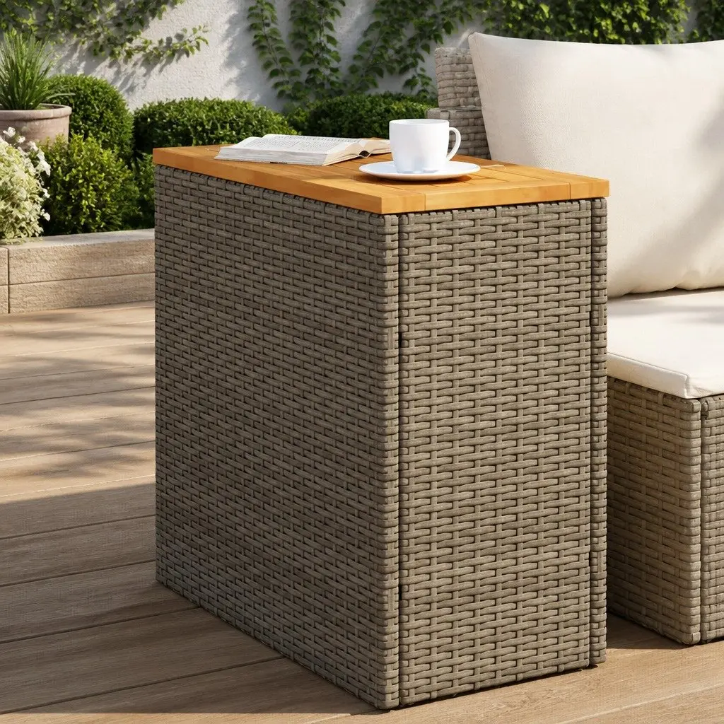 Garden Side Table Grey 58 x 27.5 x 55 cm Powder-coated Steel Frame Acacia Wood Top Poly Rattan Weather-resistant