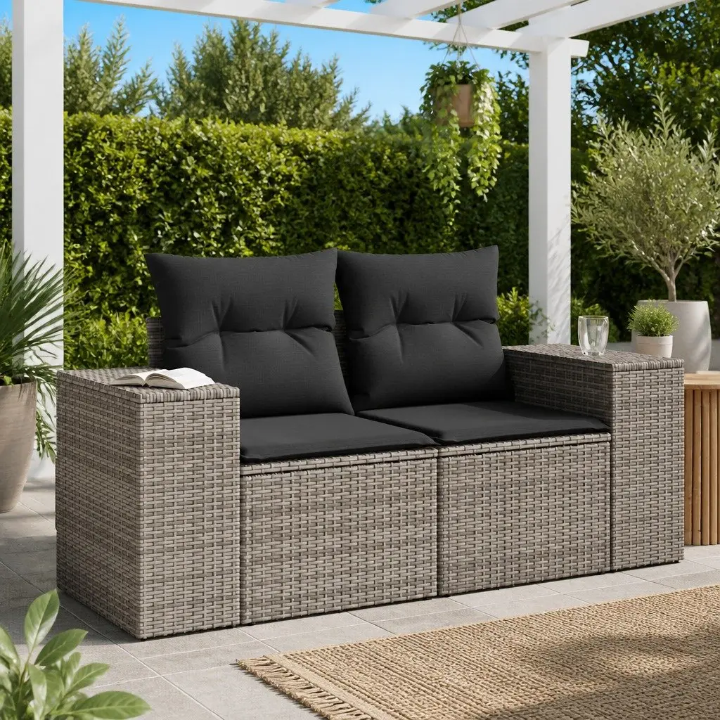 2-Seater Garden Sofa Grey Outdoor Rattan Furniture with Cushions and Storage