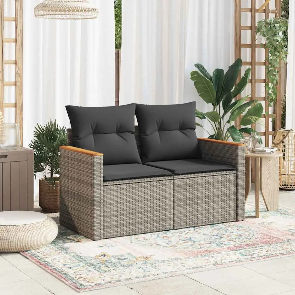 2-Seater Garden Sofa Grey Poly Rattan Outdoor with Storage Cushions