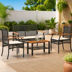 4 Piece Outdoor Garden Lounge Set Black Poly Rattan Patio Furniture with