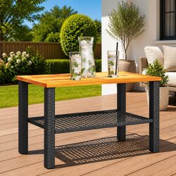 Garden Table Black Outdoor Patio Dining Furniture Poly Rattan Acacia Wood Top