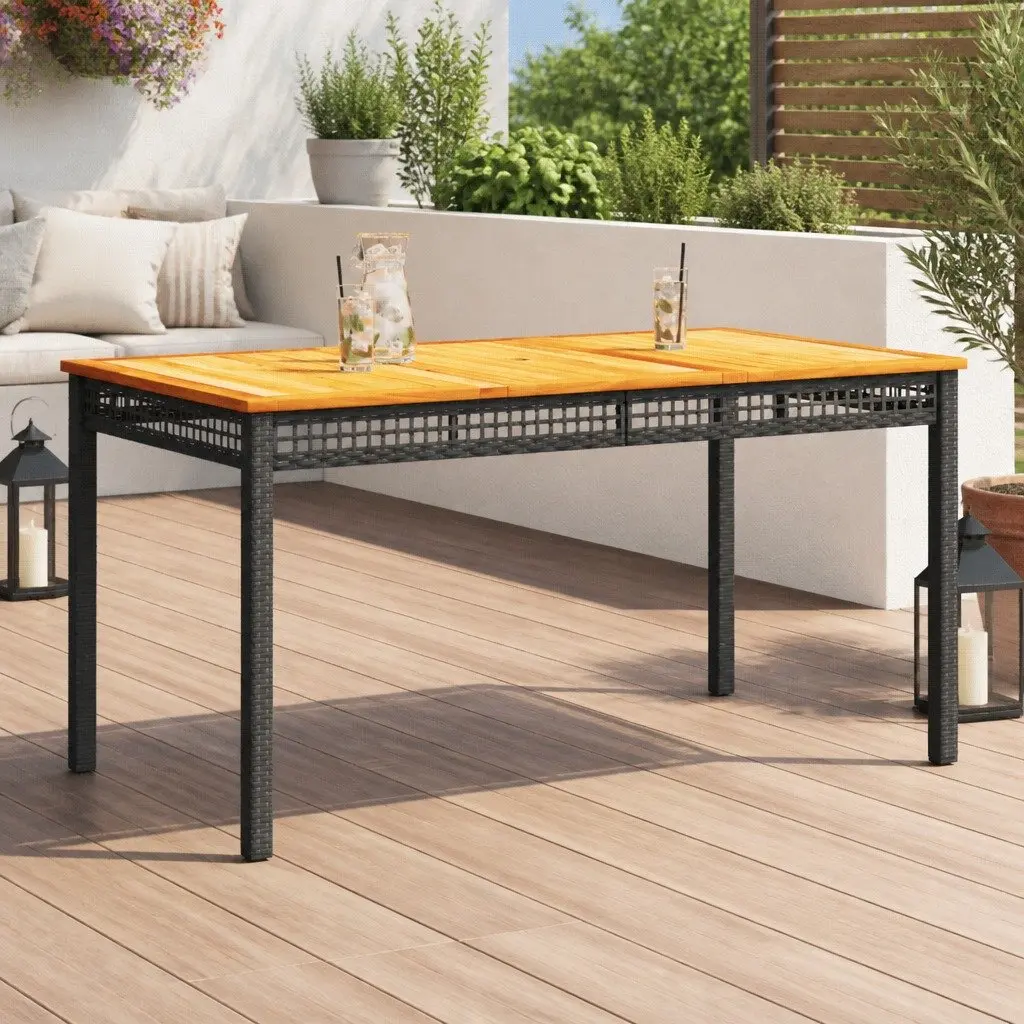 Garden Table Black 140x80x75cm Poly Rattan Acacia Wood Outdoor Furniture