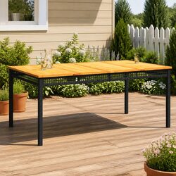 Garden Table Outdoor Furniture Black Poly Rattan Acacia Wood Patio Dining