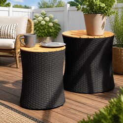 Garden Side Tables 2 Pieces Outdoor Patio Furniture Black Poly Rattan Wooden Top