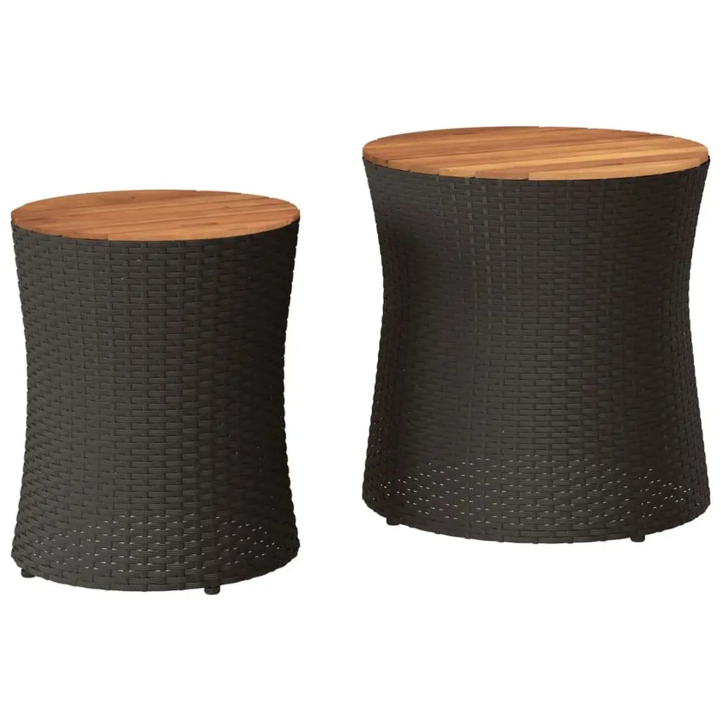 Garden Side Tables 2 Pieces Outdoor Patio Furniture Black Poly Rattan Wooden Top
