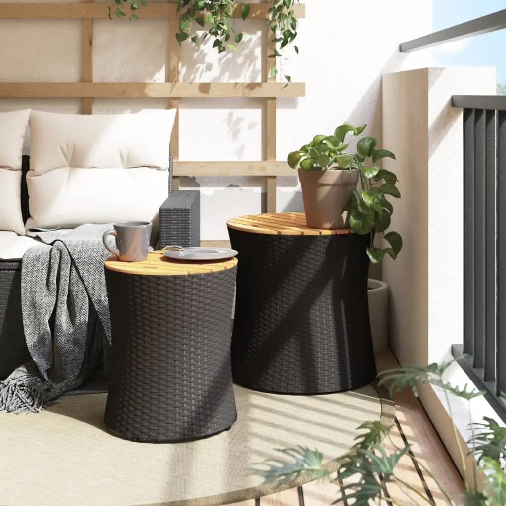 Garden Side Tables 2 Pieces Outdoor Patio Furniture Black Poly Rattan Wooden Top