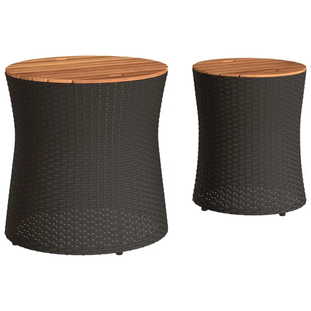 Garden Side Tables 2 Pieces Outdoor Patio Furniture Black Poly Rattan Wooden Top