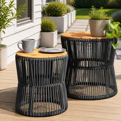 Garden Side Tables 2 pcs Outdoor Patio Furniture with Wooden Top Black Poly