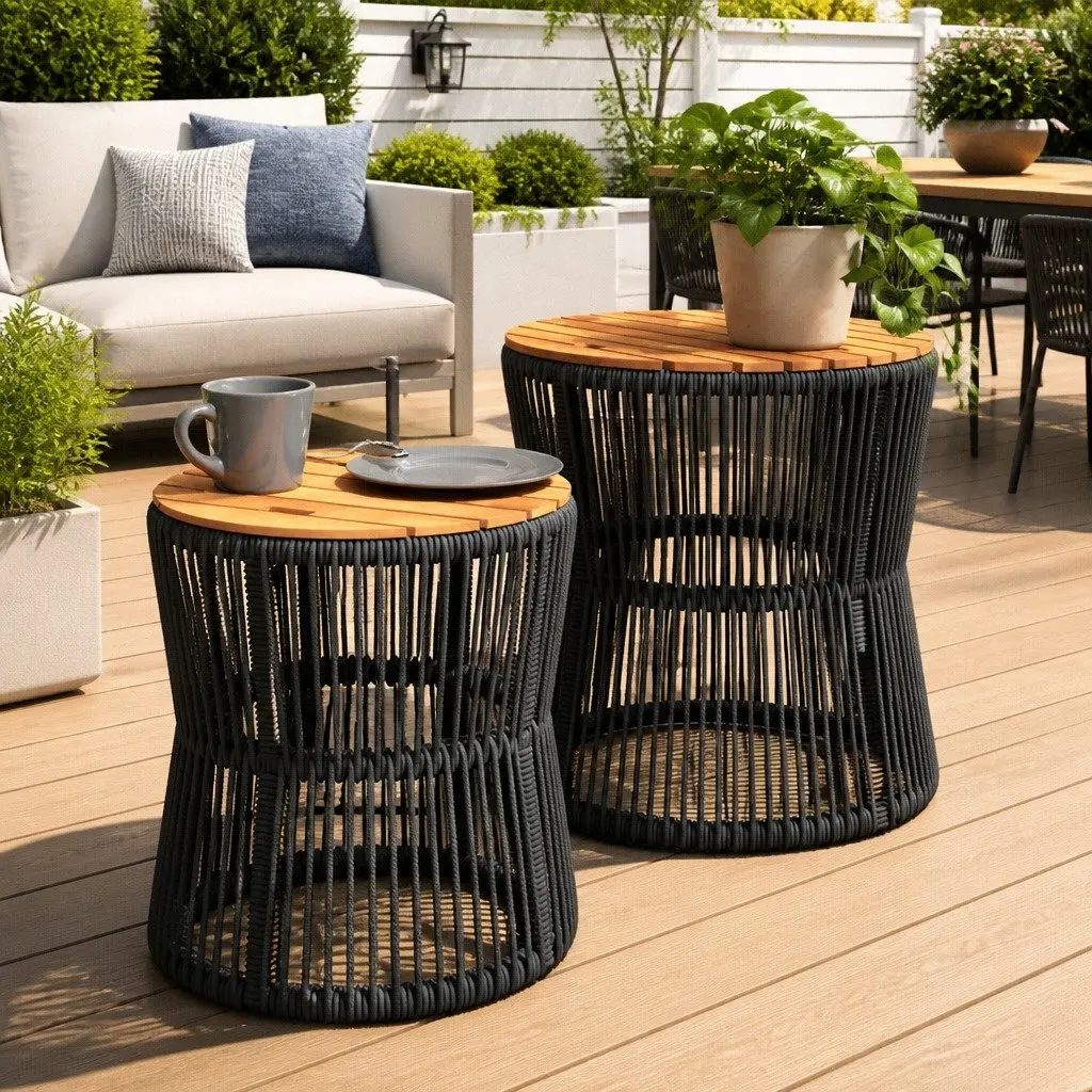 Garden Side Tables Set of 2 Outdoor Patio Furniture Grey Poly Rattan with