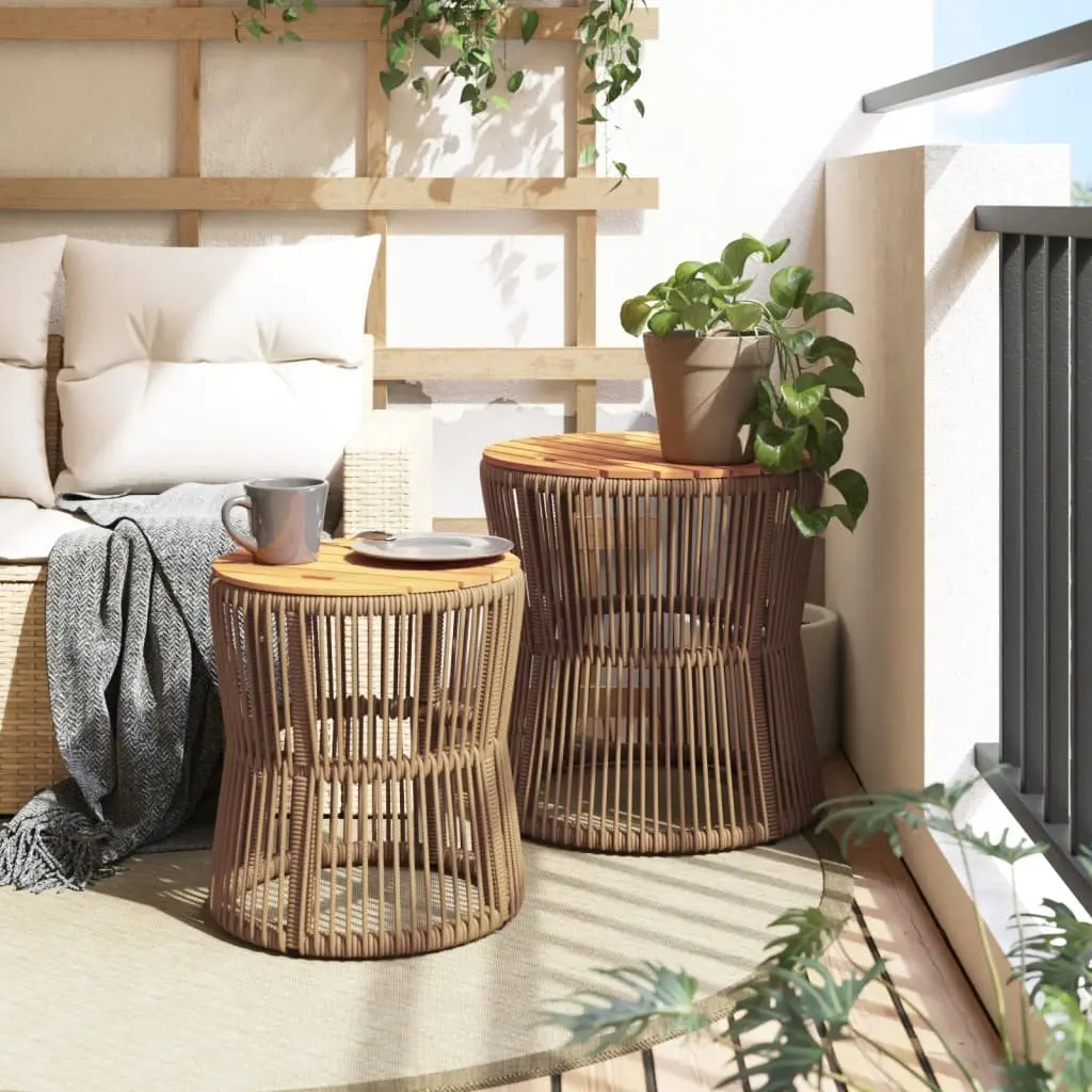 Garden Side Tables Beige 2 Piece Outdoor Patio Furniture Poly Rattan Wooden Top