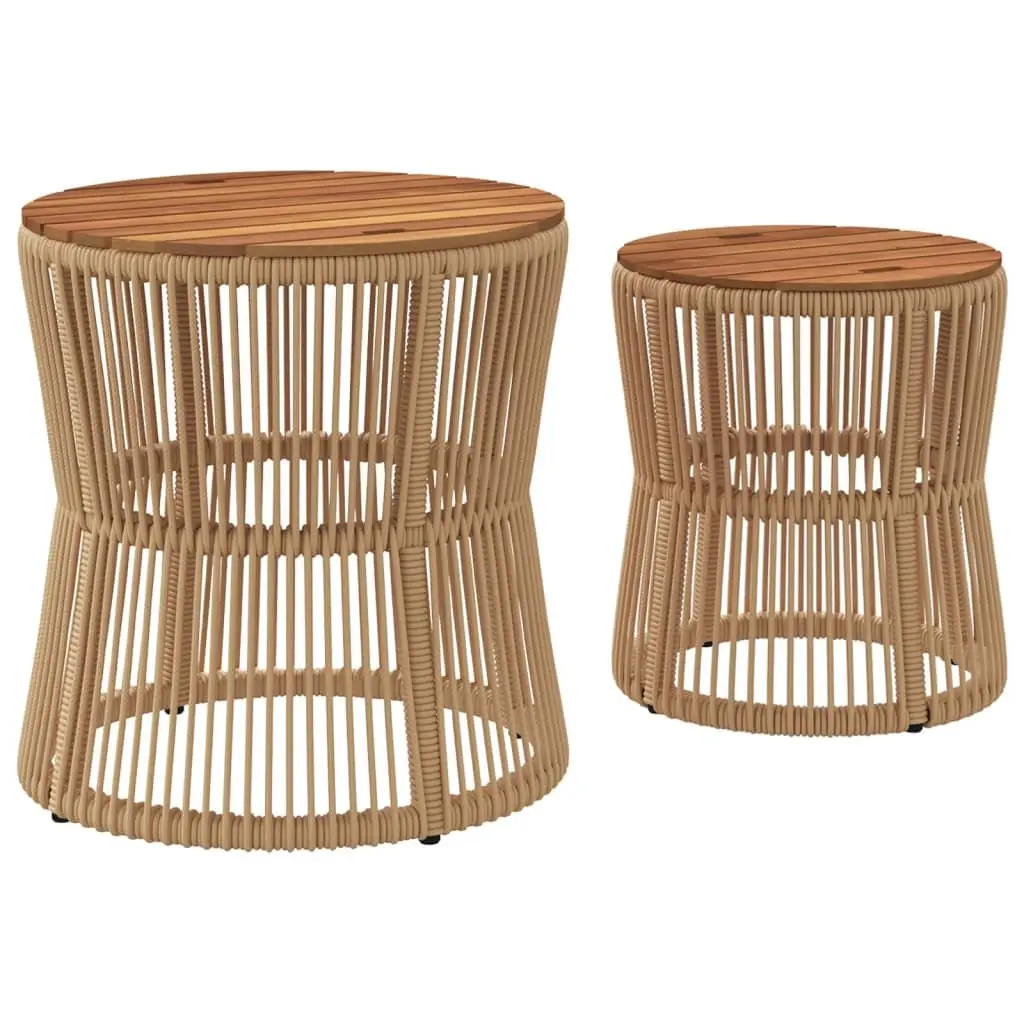 Garden Side Tables Beige 2 Piece Outdoor Patio Furniture Poly Rattan Wooden Top