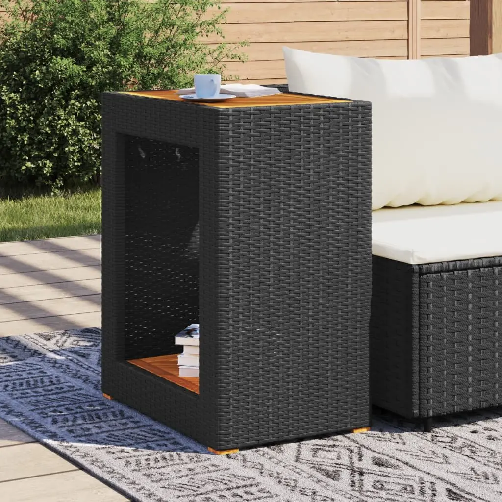 Garden Side Table Poly Rattan Frame Wooden Top Outdoor Patio Furniture Black