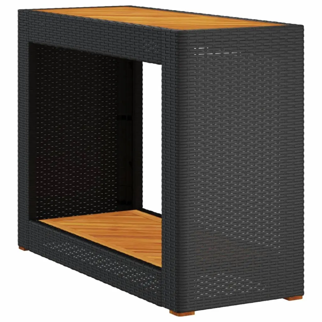 Garden Side Table Black Poly Rattan Acacia Wood Top Outdoor Patio Furniture
