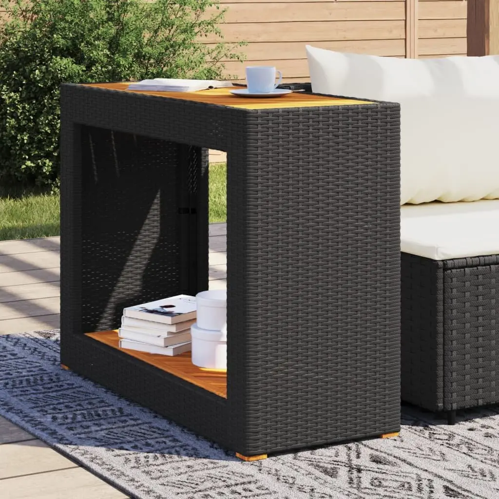 Garden Side Table Black Poly Rattan Acacia Wood Top Outdoor Patio Furniture