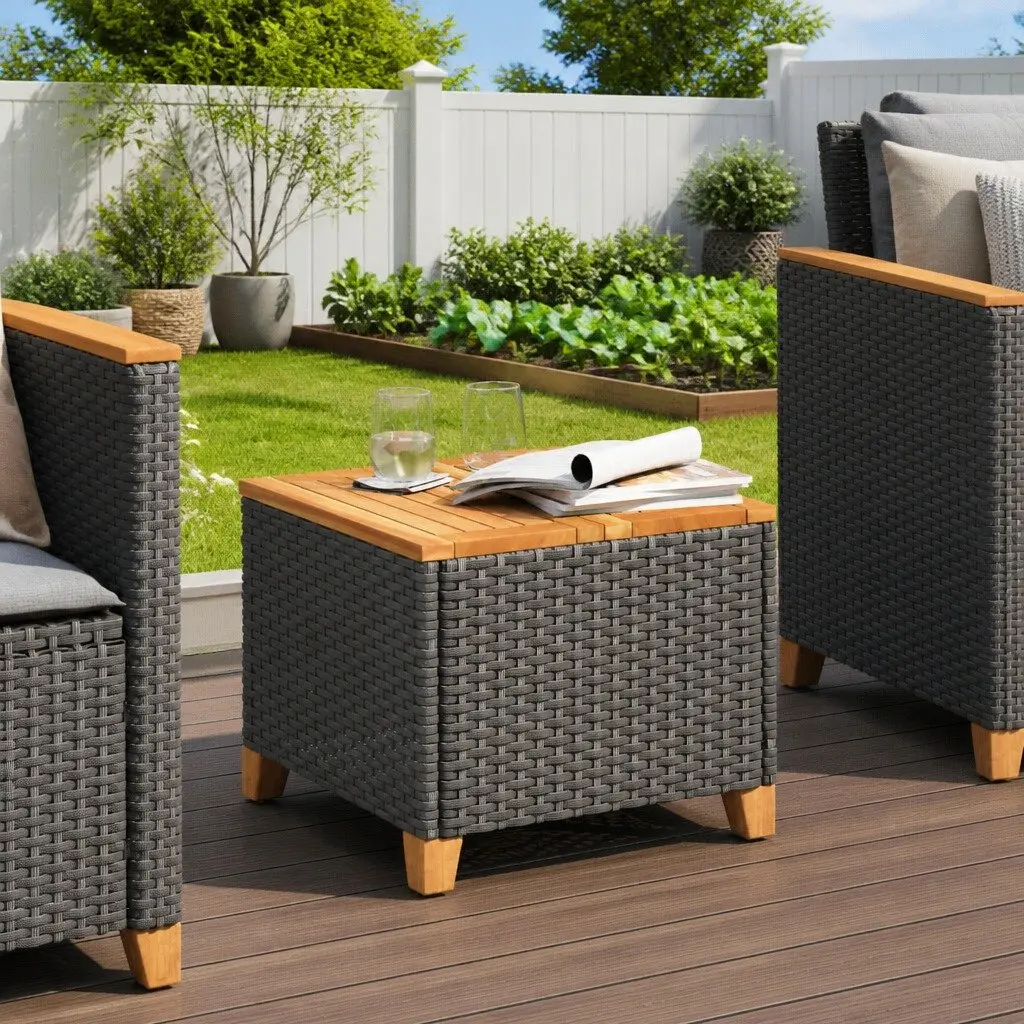 Garden Table Black 45x45x37cm PE Rattan Frame Acacia Wood Top Outdoor Patio Furniture