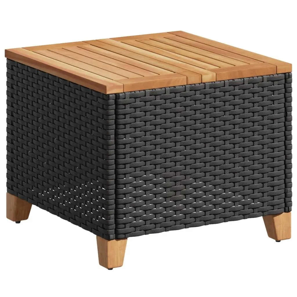 Garden Table Black 45x45x37cm PE Rattan Frame Acacia Wood Top Outdoor Patio Furniture