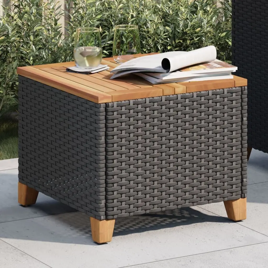 Garden Table Black 45x45x37cm PE Rattan Frame Acacia Wood Top Outdoor Patio Furniture