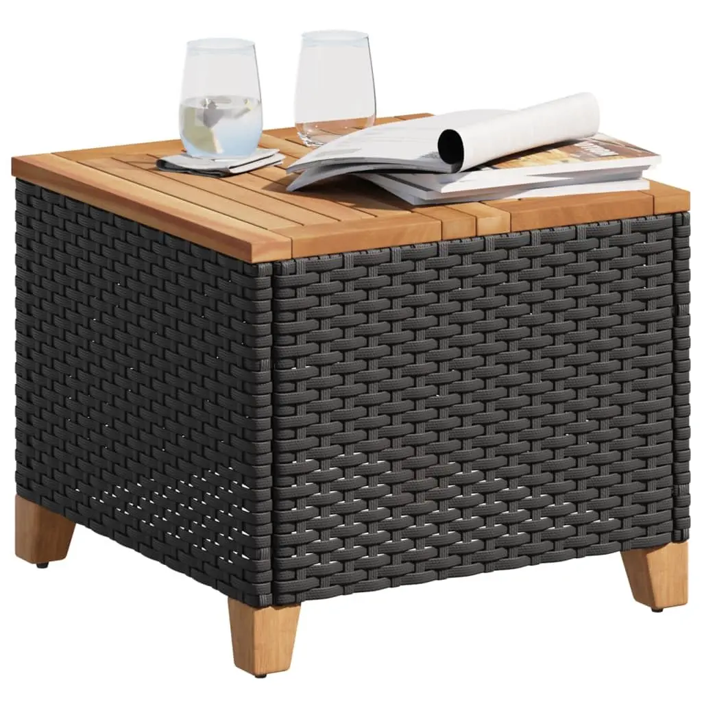 Garden Table Black 45x45x37cm PE Rattan Frame Acacia Wood Top Outdoor Patio Furniture