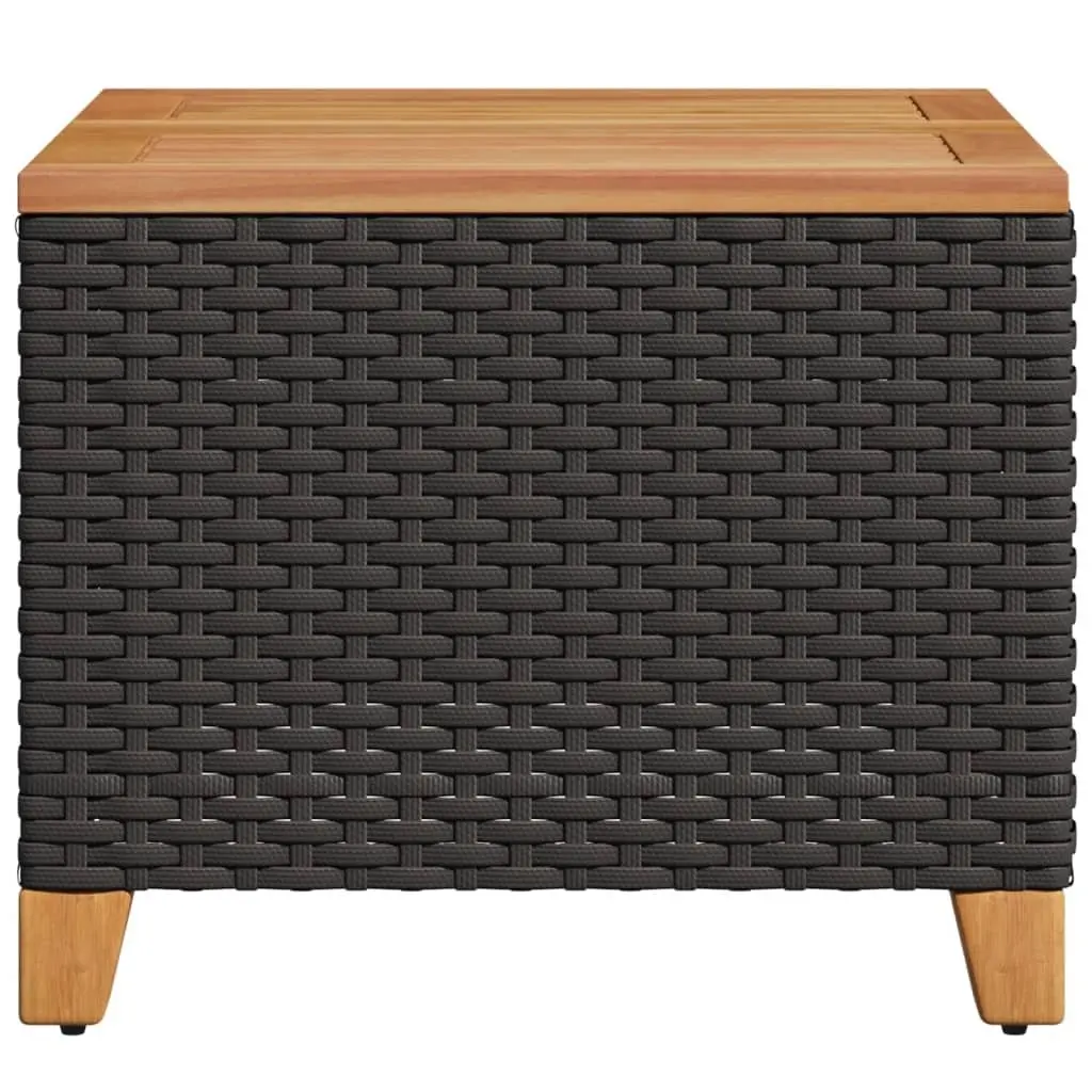 Garden Table Black 45x45x37cm PE Rattan Frame Acacia Wood Top Outdoor Patio Furniture