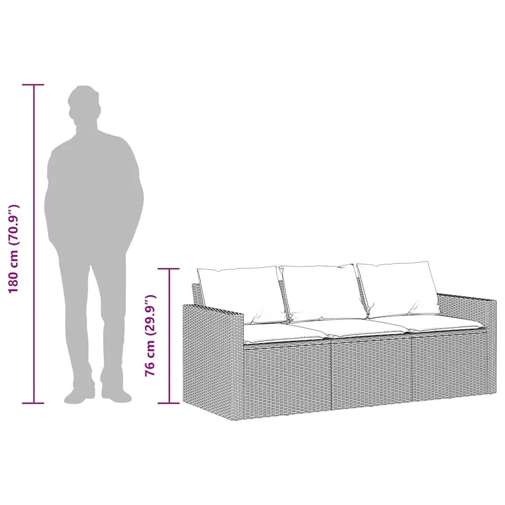 3-Seater Garden Sofa with Cushions Black Poly Rattan Outdoor Patio Furniture