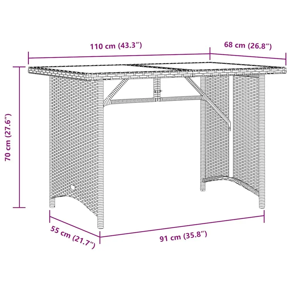 Garden Table Black Outdoor Patio Furniture Poly Rattan Glass Top 110x68x70cm