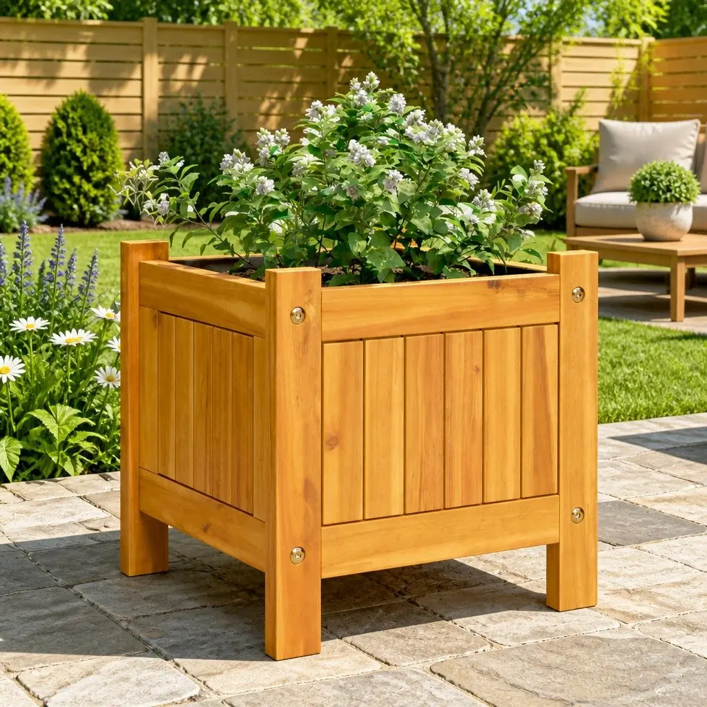 Garden Planter Box Brown 31x31x30 cm Solid Acacia Wood with Non-Woven Liner for Flexible Planting Options