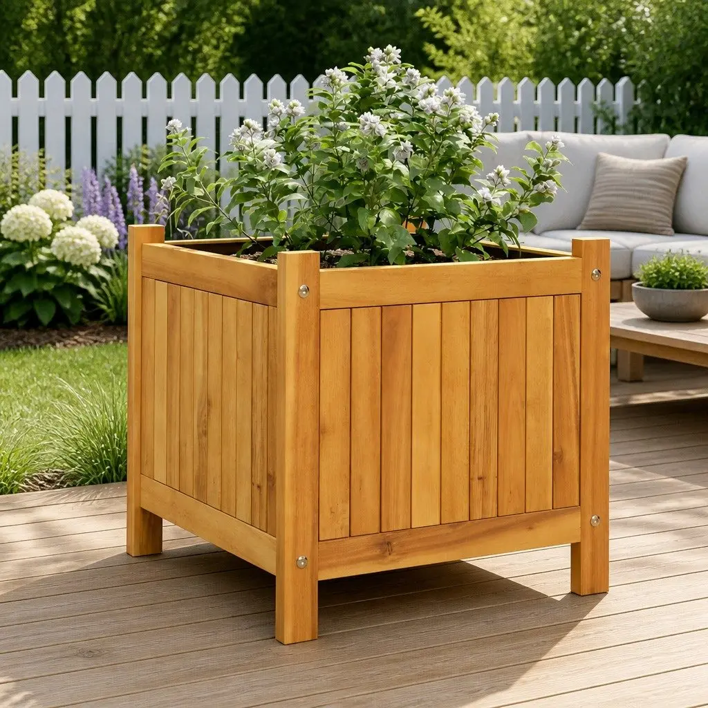 Garden Planter Box Brown 42x42x40 cm Solid Acacia Wood with Non-Woven Liner and Slatted Bottom for Drainage