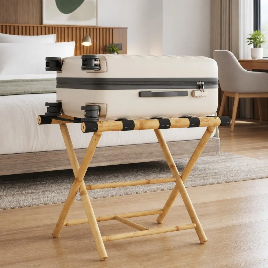 Folding Luggage Rack Brown 62x42x50.5cm Two Shelf Bamboo Storage Stand