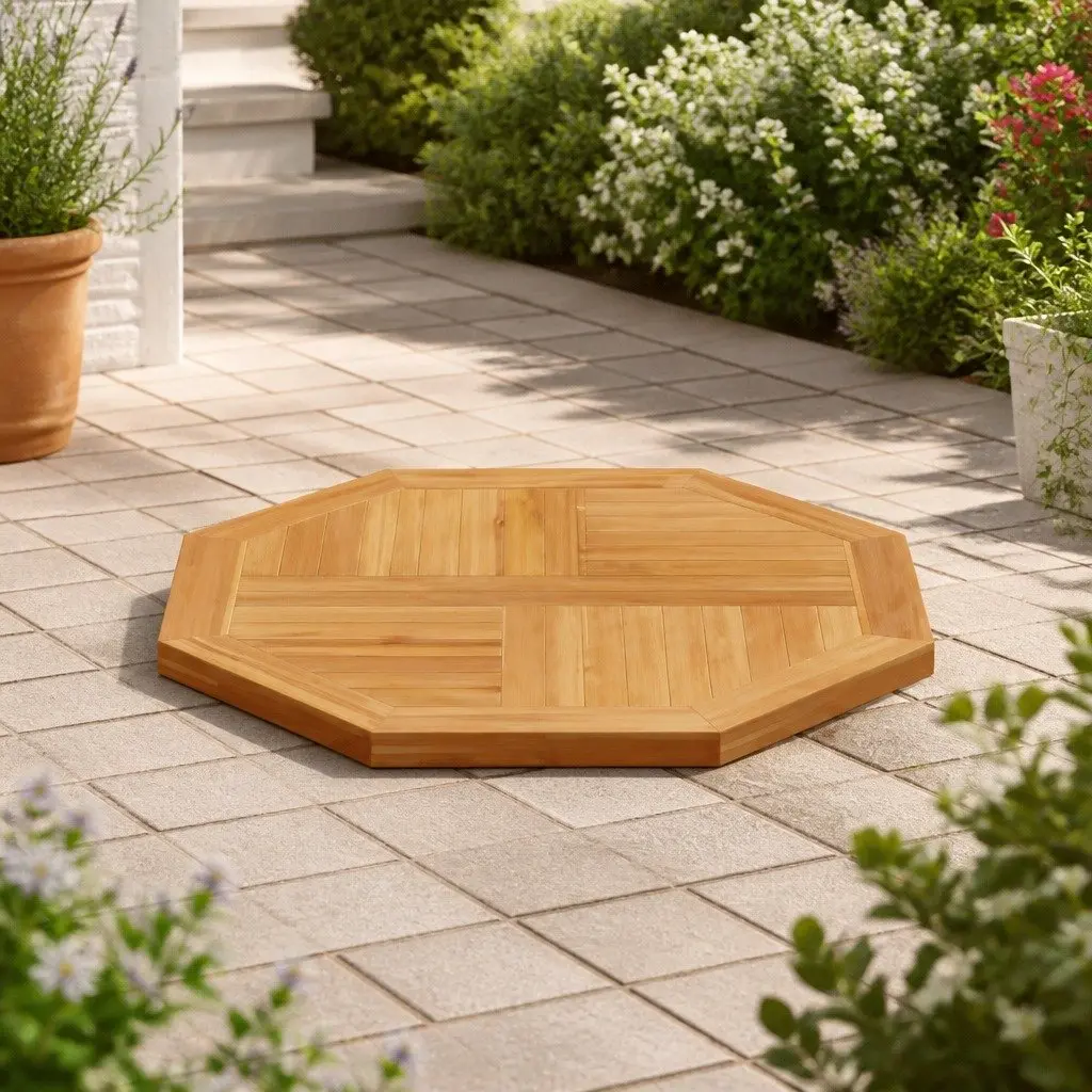 Octagonal Wooden Table Top Brown 60x60cm Solid Teak Garden Dining Replacement Parasol Hole