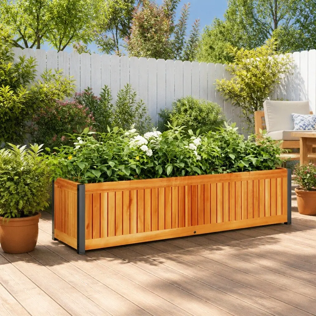 Garden Planter Box Brown 110x30x27.5cm Wooden Raised Bed Flower Container Outdoor