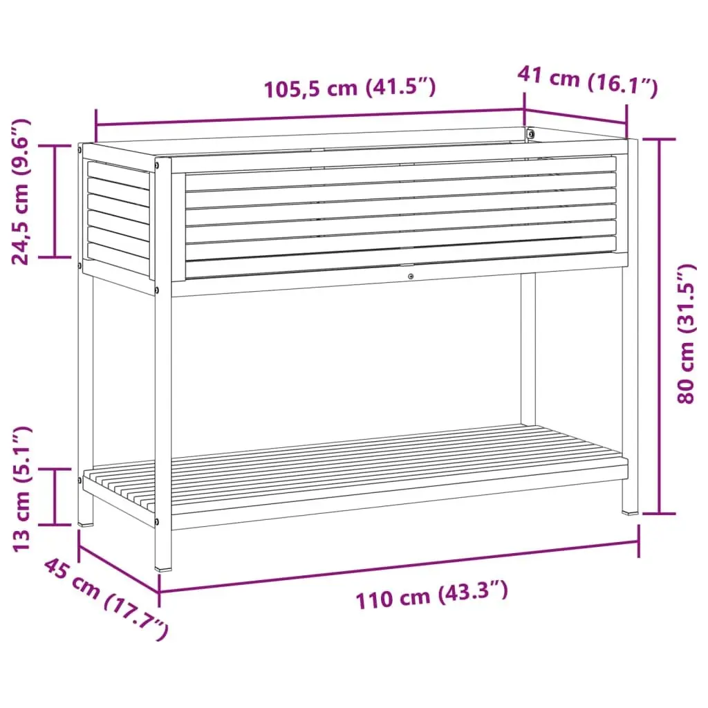 Garden Planter Brown 110x45x80 cm Wooden Acacia Steel Frame Integrated Shelf